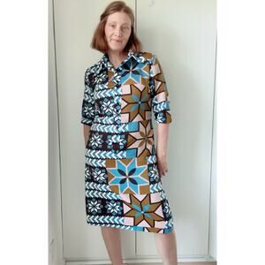 Vtg 70s Lanvin Paris I Magnin OP Art Mod Dagger Collar Shirt Dress Sz M 8-10 Fit